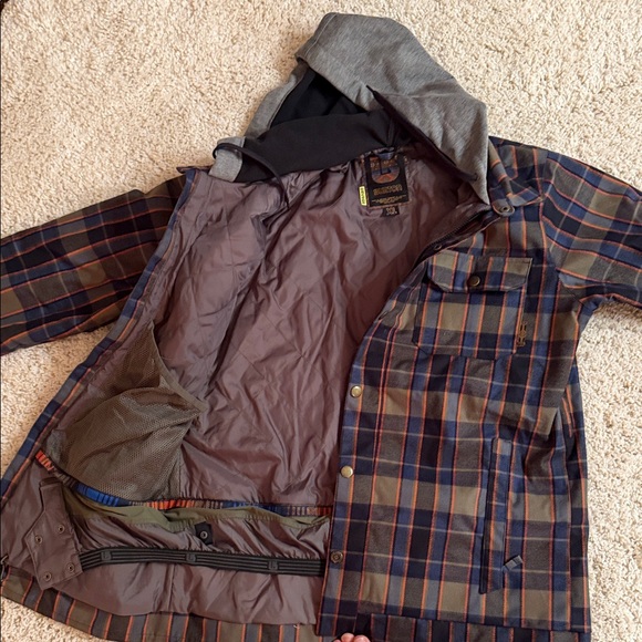 Burton Plaid Hooded Jacket - Blue and Olive Green, Orange - Picture 7 of 10